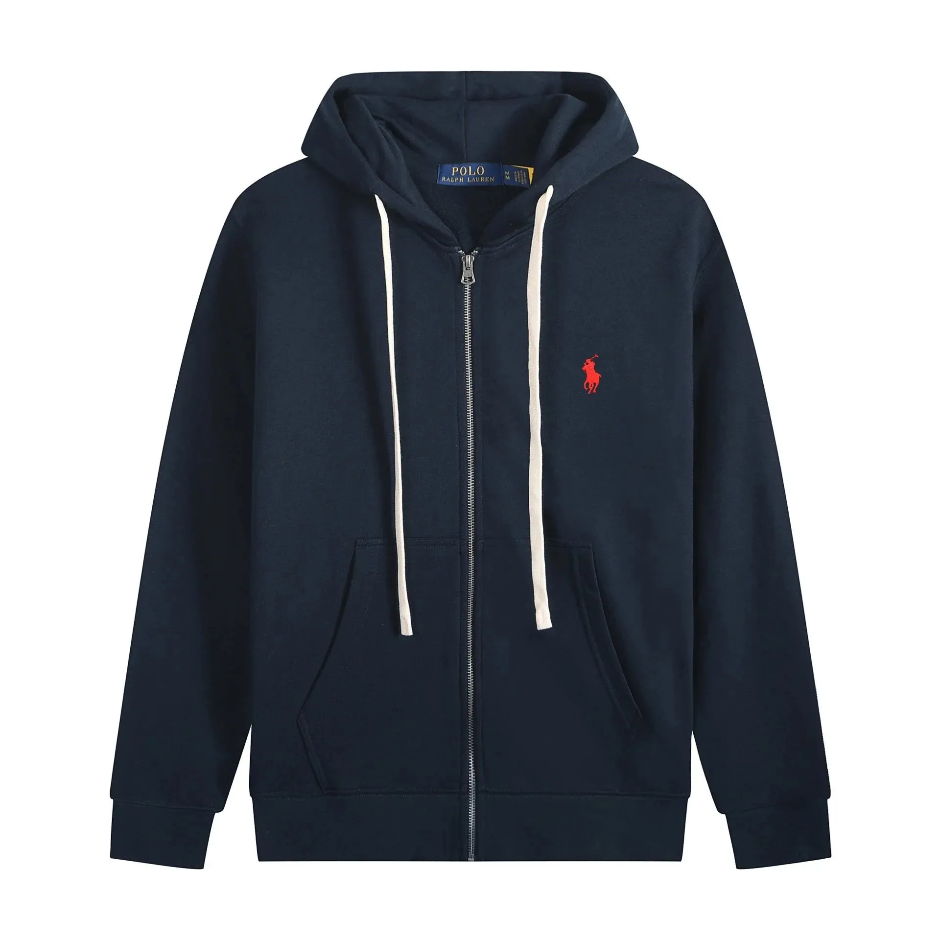 White rope zipper with navy blue and red logo